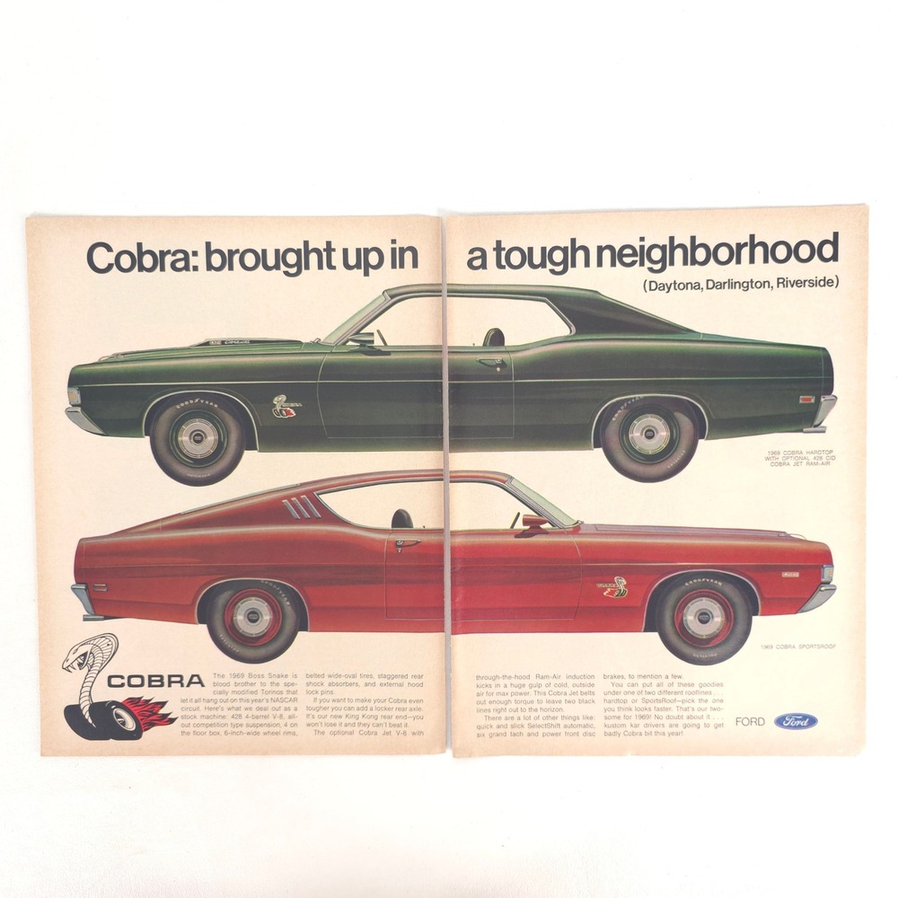 Vintage 1969 Ford Cobra Print Ad Promo Garage Wall Advertising Car Show Display